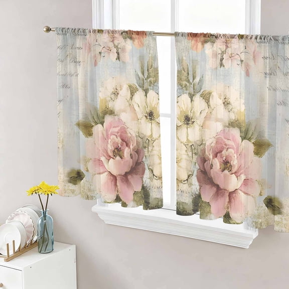 Sheer Curtains 45 Inches Long, Farmhouse Pink Floral Light Filtering Window Curtains for Living Room, Spring Vintage Botanical Flowers Rod Pocket Voile Sheer Curtain Drapes, 52"W x 45"L, 2 Panels