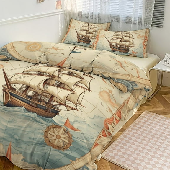 Retro Sail Bedding Sets Twin Duvet Cover 3 Piece Cute Bed Set for Boys Girls Kid