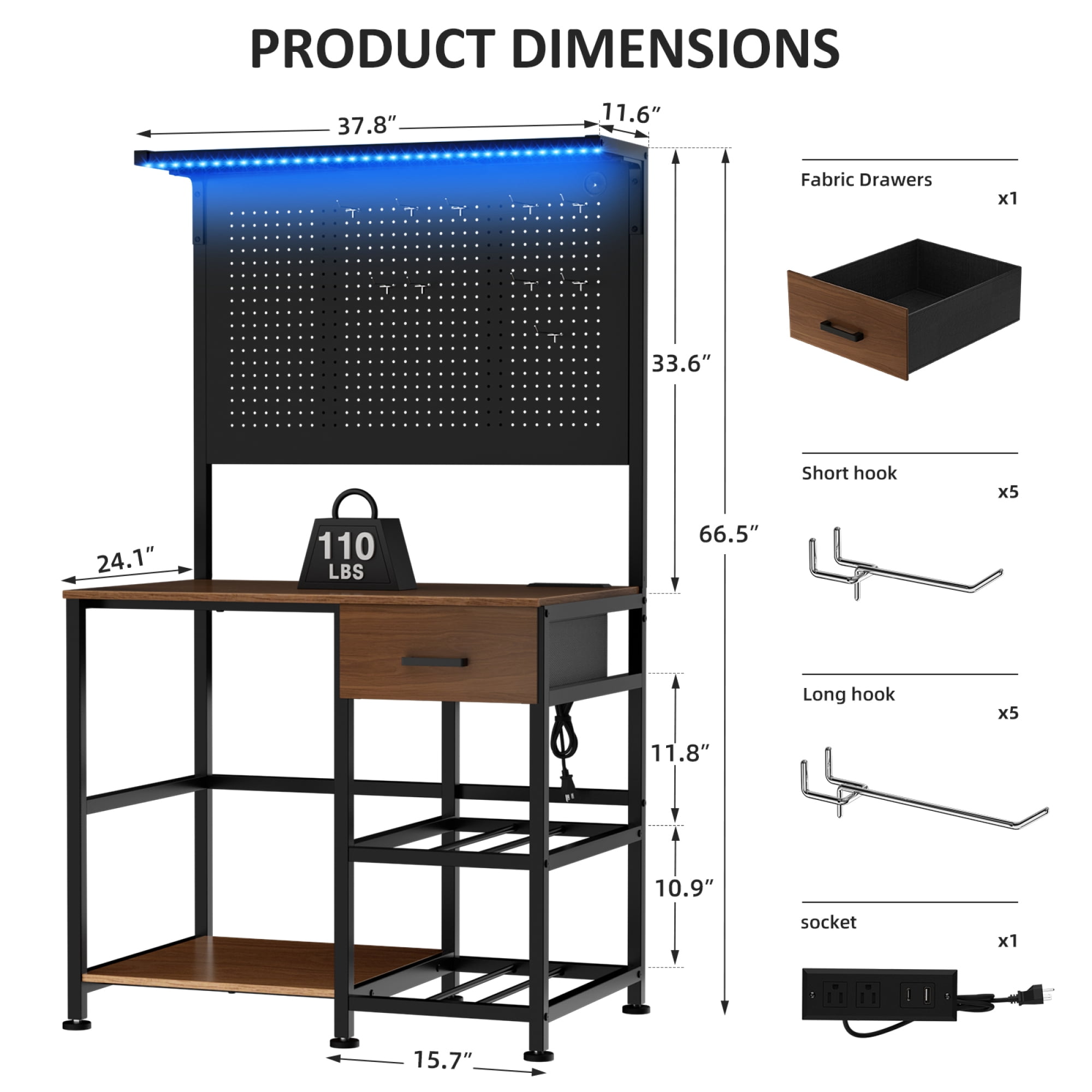 HOQBN 3D Printer Workbench with Drawer, Charging Station and LED Lights, Large Printer Shelf with Pegboard and Hooks for Home Studio Garage