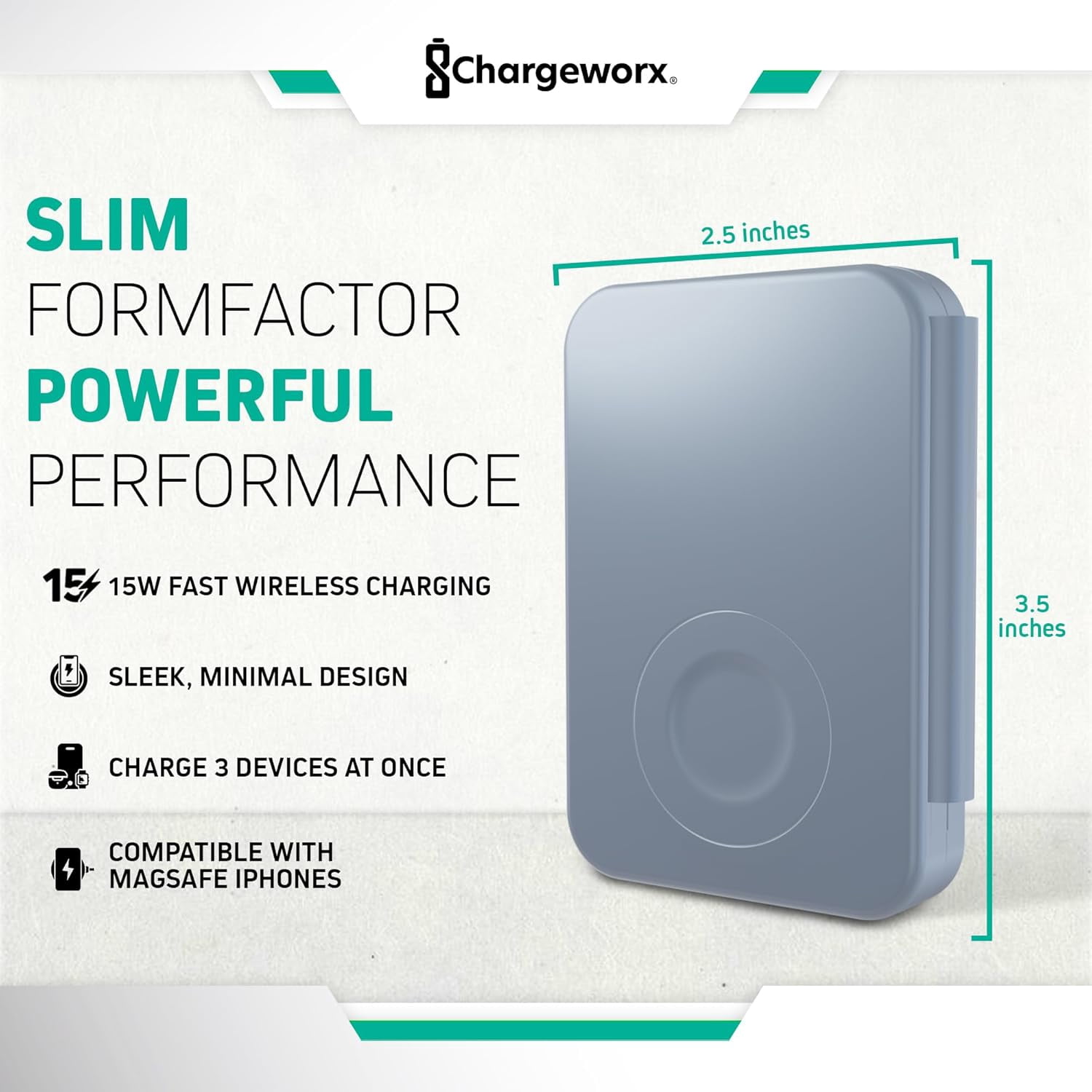 Chargeworx 3-in-1 Wireless Charger, Foldable Magnetic Charging Station, 15W, Blue