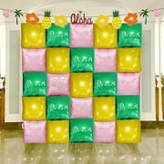 WEEKS Aloha Decorations 25 PCS Yellow Pink and Green Double Sided Square Foil Balloons Wall Plus Aloha Themed Banner for Hawaiian Luau Decorations