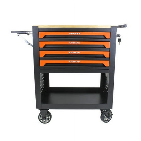 

4 Drawers Multifunctional Tool Cart With Wheels And Wooden Top-Orange