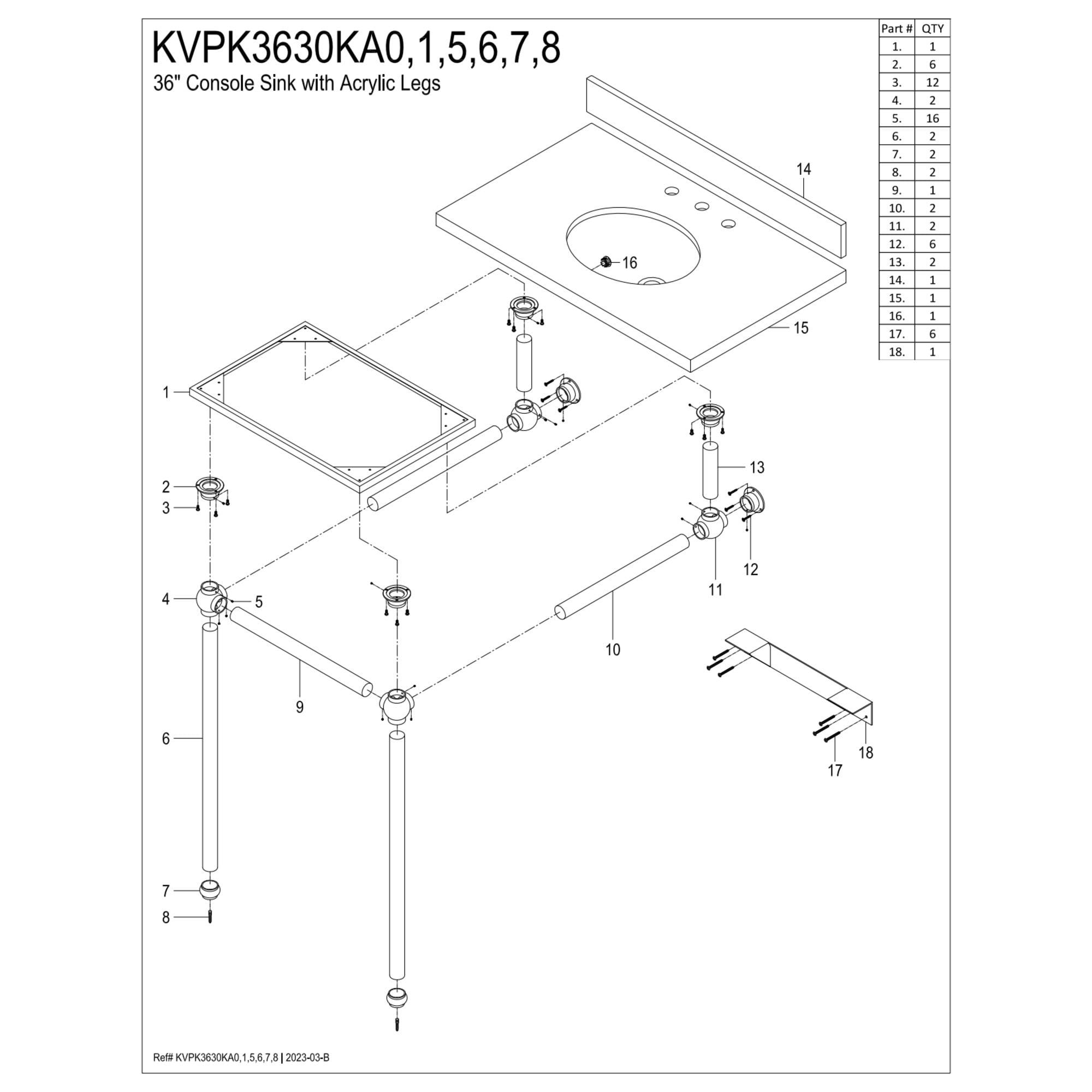 Kingston Brass KVPK3630KA1 Templeton 36" Black Granite Console Sink with Acrylic Legs (8-Inch, 3-Hole), Black Granite/Polished Chrome