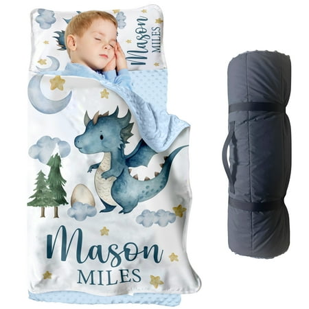 Custom Dinosaur Nap Mat for Toddlers Personalized Dino Sleeping Bag with Nap Blanket Moon and Cloud Theme Roll Up Mat for Daycare or Preschool(Cushions + Pillows22.5 x55 +Blanket size: 33.5 x 45 )