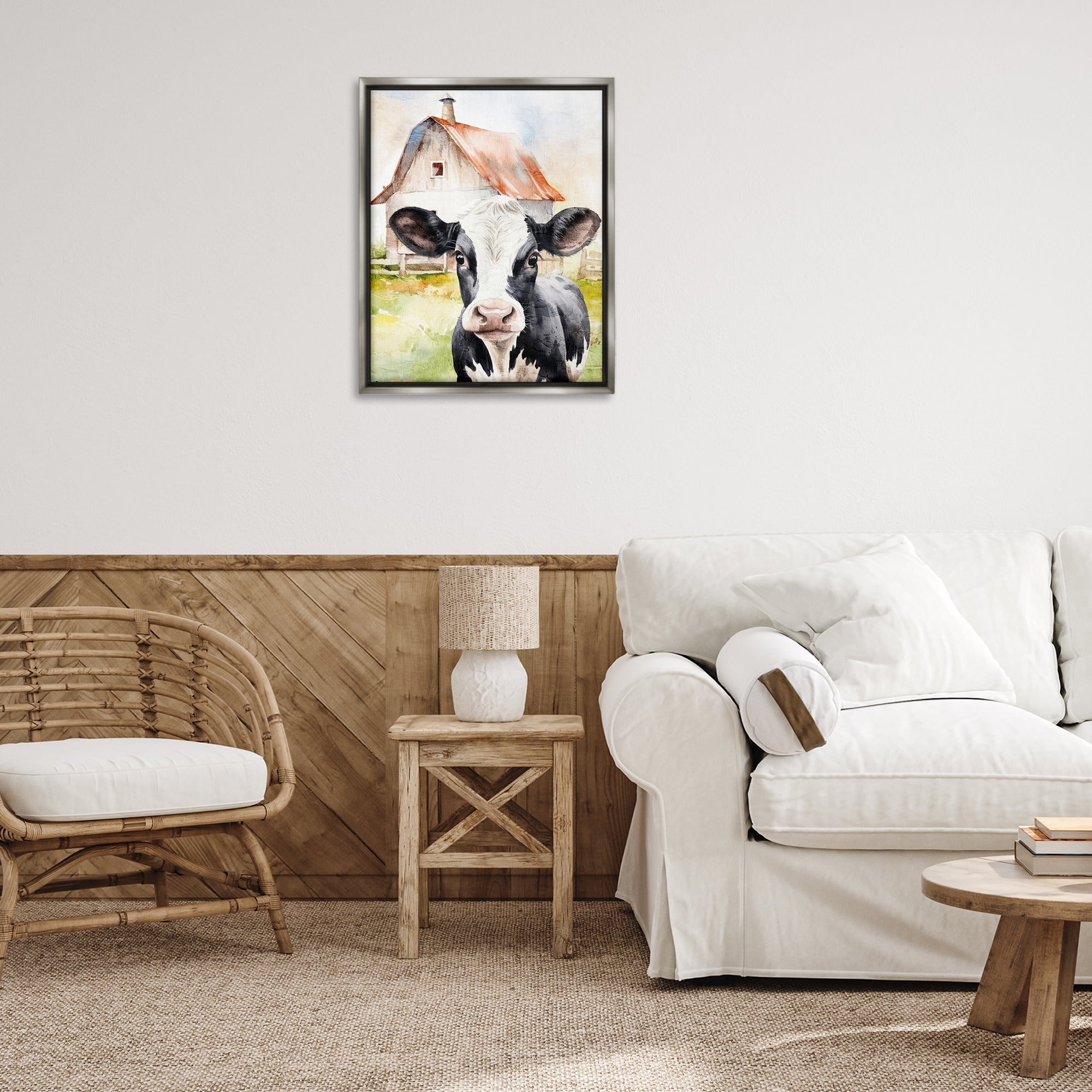 Stupell Industries Cow Little at Farm Animals Painting Gray Floater Framed Canvas Art Print Wall Art, 25 x 31