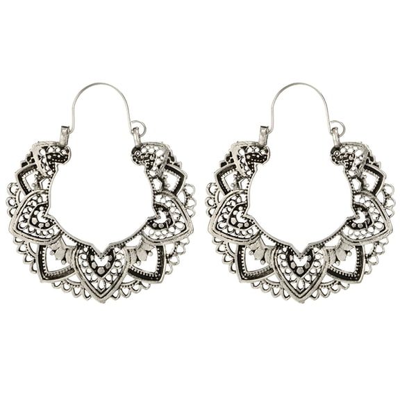 DESIGNICE Vintage Silver Filigree Hoop Earrings Bohemian for Women Intricate & Delicate Cutout Design Details Tribal Floral Gypsy Lightweight Metallic Statement Earrings,Silver Earrings Hoops