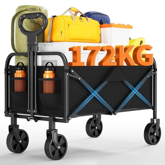 Black Heavy Duty Foldable Utility Wagon Cart 380Lbs All-Terrain Wheel Drink Holder Shopping Trolley