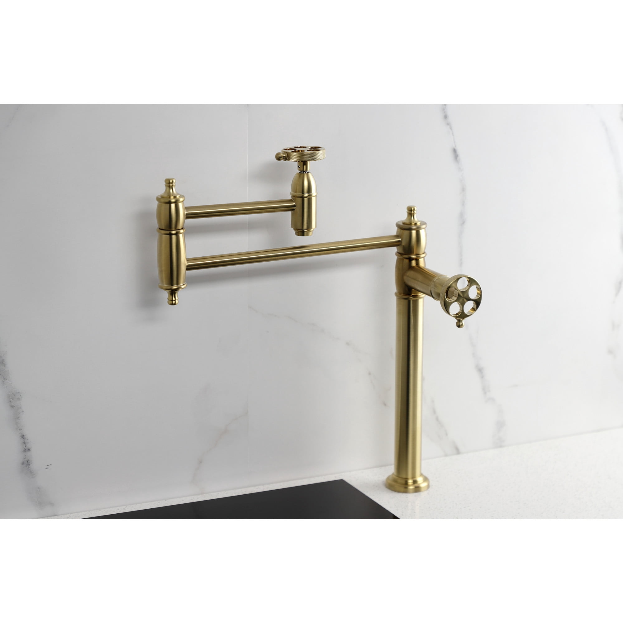 Kingston Brass KS3707RKZ Wendell Deck Mount Pot Filler Faucet with Knurled Handle, Brushed Brass