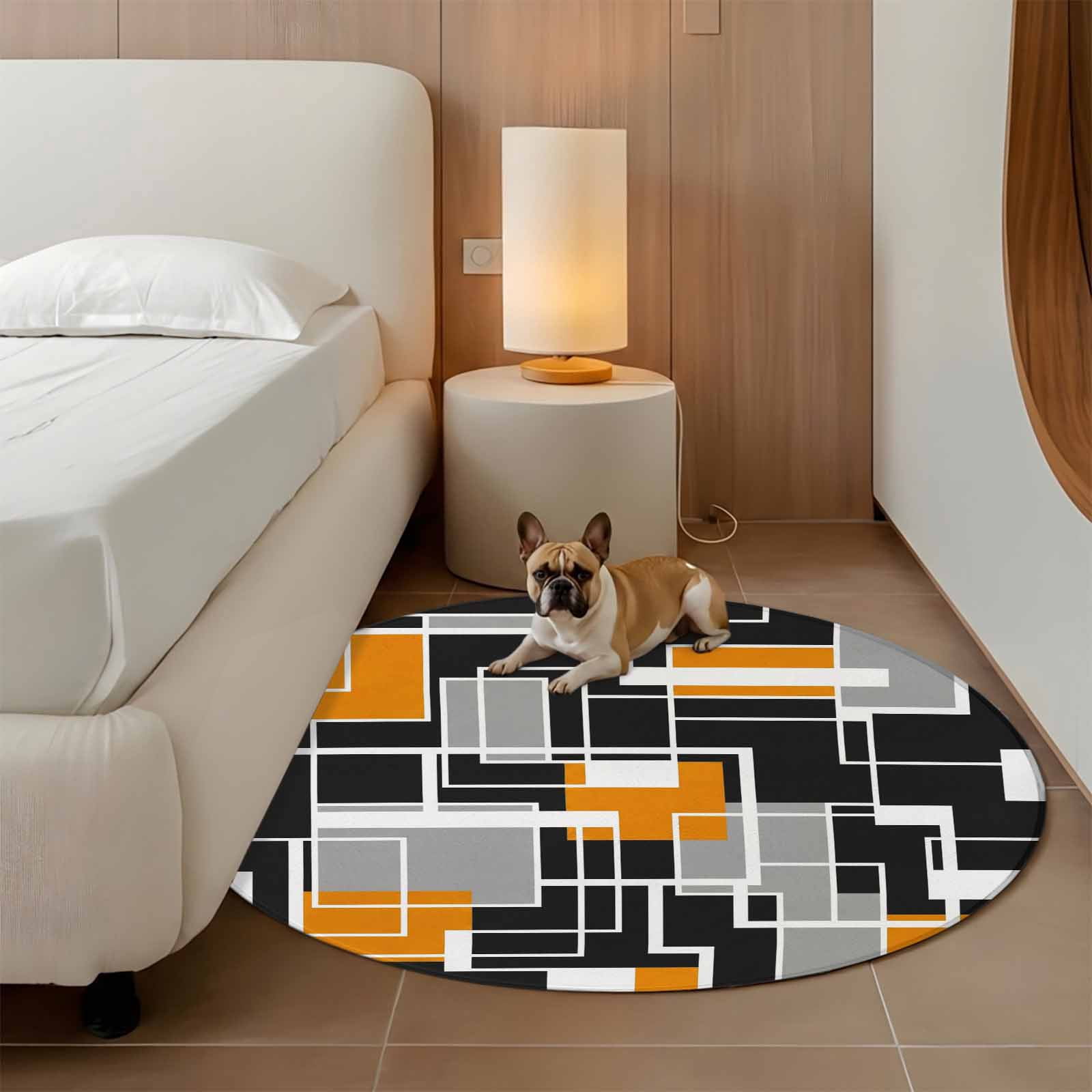 Burnt Orange Black Geometric Round Area Rug 8Ft Washable Large Circle Rugs for Living Room Dorm, Modern Color Block Abstract Non-Slip Carpet Floor Mats Indoor Outdoor Carpet Runner Home Decor