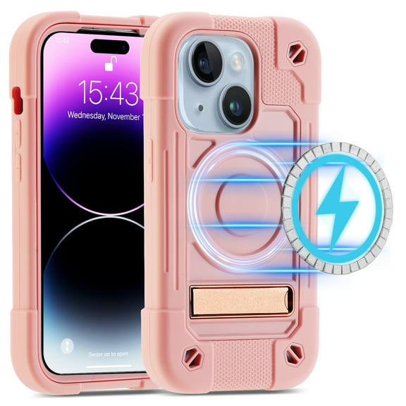 Shockproof for iPhone 14 Plus Case Compatible with MagSafe Wireless Charging Heavy Duty TPU Bumper Clear Back Cover with Kickstand Military Grade For iPhone 14 Plus, Rosegold