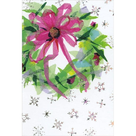 Pictura Abstract Green Wreath, Pink Bow and Foil Stars Christmas Card