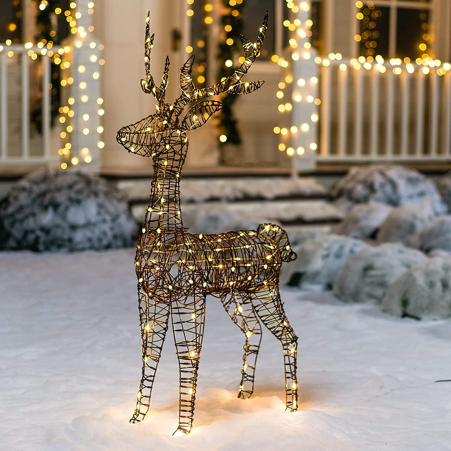 STAG IN FOREST SILHOUETTE LED Christmas Ornament 30cm WHITE Wood Warm LED