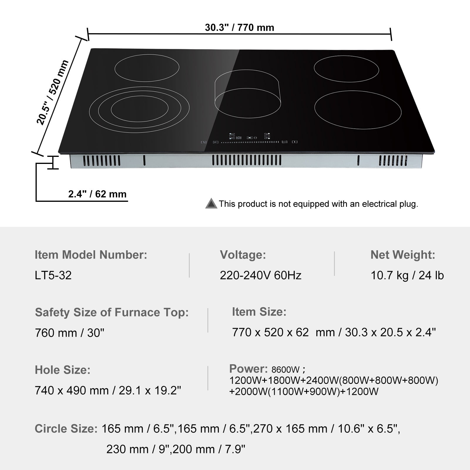 KFFKFF Built-in Electric Cooktop, 30.3 x 20.5 inch with 5 Heating Zones, 240V Glass Radiant Surface featuring Touch Controls, Timer Function, Child Safety Lock, and 9 Adjustable Power Settings