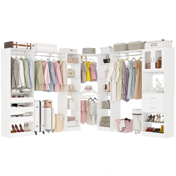 iSunirm 3-in-1 Walk-in Closet System, Large L Shaped Closet Organizer System with Drawers and Storage Shelves, Heavy Duty Wardrobe Closet Garment Rack, 80" Height, for Bedroom & Closet, White