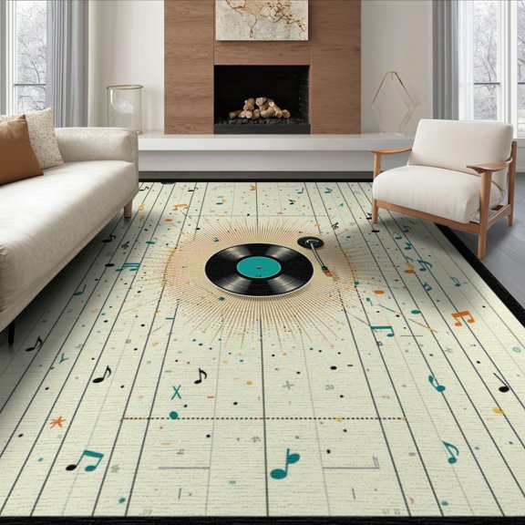 ODIKA 8'x10' Washable Area Rug Non-Slip Chair-Friendly Mat Vinyl Vintage Record Turntable Disc Soundwave Musical Notes Decorative for Dining Room, Large Office, Lounge