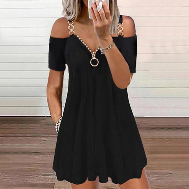 Mini vestido con cuello en V y hombros descubiertos para mujer, vestidos informales de playa de verano de talla grande LingWen 9024715784193