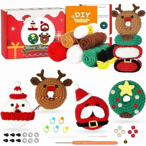 Christmas Crochet Kits Xmas Snowman Elk Santa Claus Crochet Starter Kit Step-by-Step Video Tutorials Instructions Complete Crochet Kit