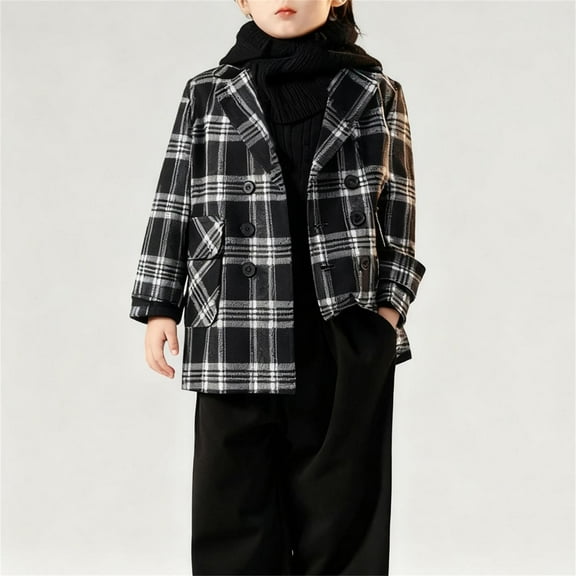 BRGZLK Boys Peacoat Fall Winter Plaid Mid Long Length Cardigan Warm Overcoat with Pockets and Buttons Trendy Casual Coat Black 14-15 Years
