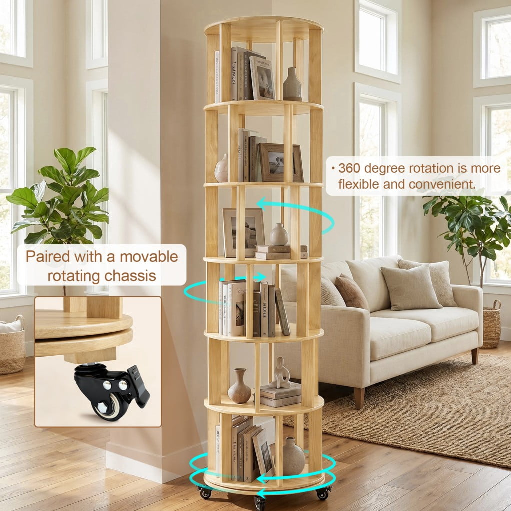 6-Tier Rotating Bookshelf, Solid Wood Spinning Bookcase Tower with Locking Wheels, 360° Display Round Bookshelf for Small Spaces, Natuarl