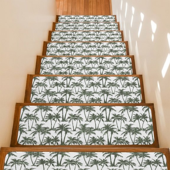 Summer Beach Palm Stair Treads Non Slip for Steps Tropical Country Coastal Dark Green Tree Silhouettes 10 Pcs Reusable Adhesive Stair Runner Mats for Dogs Elders Treads Rugs for Staircase 8x30 In