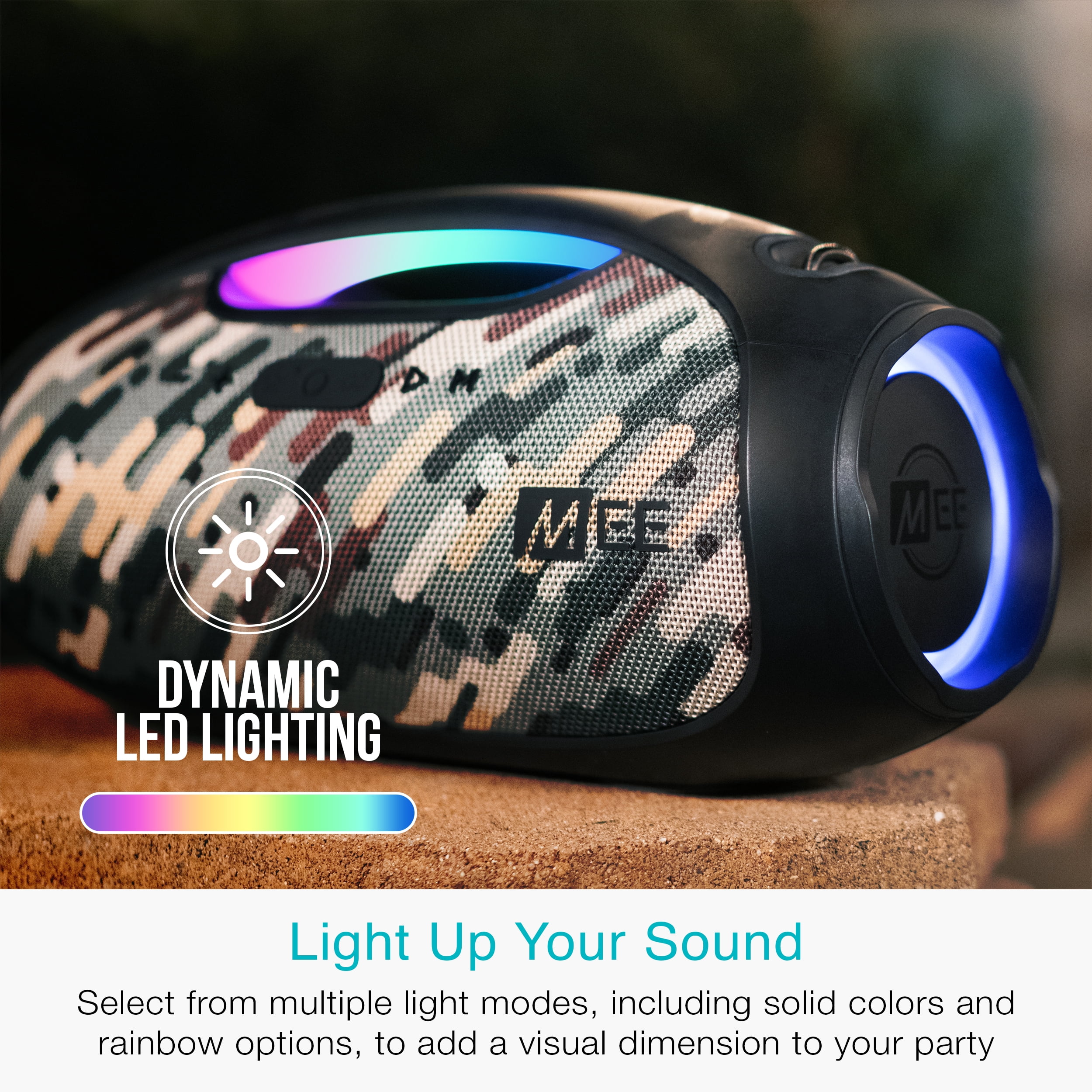 MEE audio partySPKR Bluetooth Wireless Speaker with Dynamic LED Lighting, 2 Subwoofers for Powerful Sound, Connect 100+ Together; Large Yet Portable for Indoor/Outdoor Use (Camo)