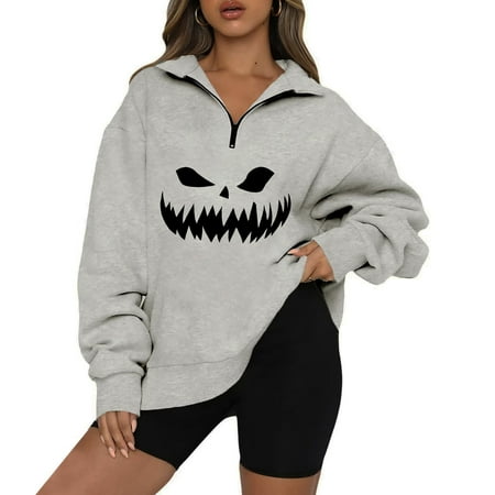 

Ziloco Women Casual Printed Halloween Turndown Neck Long Sleeve Loose Blouse Pullover Tops bell sleeve tops for women bustier tops for women Gray XXL