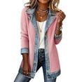 thumbnail image 2 of Denim Spliced Ribbed Button Down Jacket For Women Long Sleeve Lapel Casual Mid Length Coat M, 2 of 7