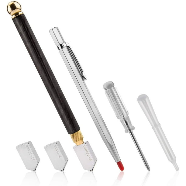 Glass Cutter Tool Set 2mm-20mm Pencil Style Oil Feed Carbide Tip with 2  Bonus Blades and Screwdriver