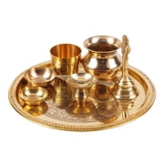 IBA Indianbeautifulart Brass Pooja Thali Set Floral Engraved Puja Aarti Thali Home Decoration Accessories, 23 cm Diameter