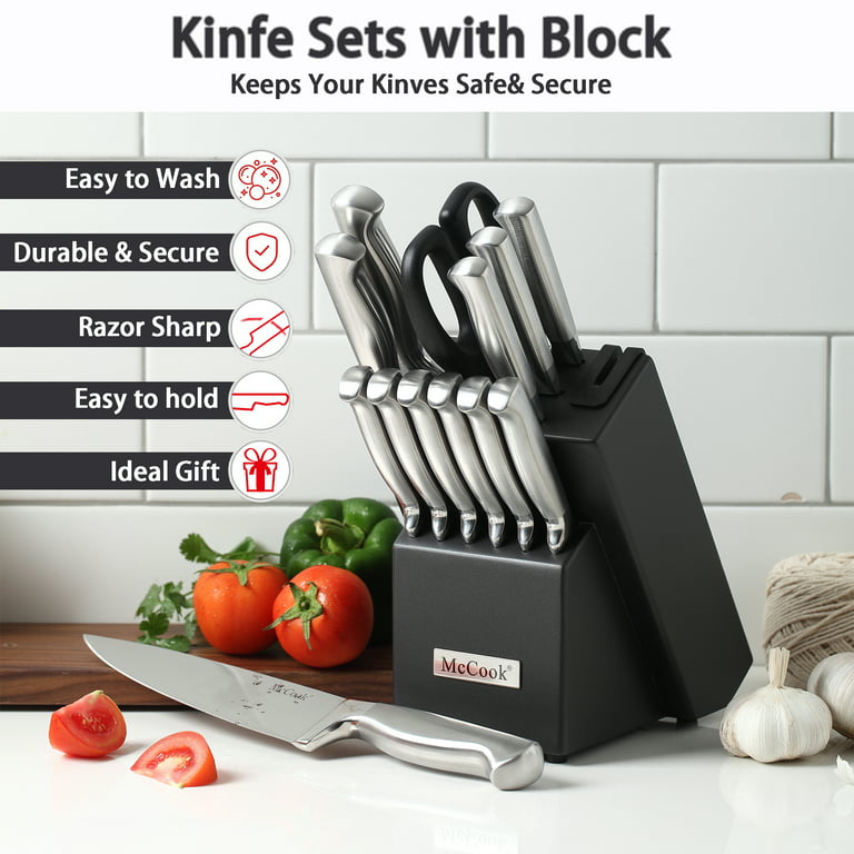 McCook MC69B Knife Sets,20 Pieces German Stainless Kitchen Knife Set with  Built-in Sharpener,One Piece Design Knife Set with Block, Black