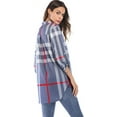 thumbnail image 5 of Women Roll-Up 3/4 Sleeve Plaid Shirt Tunic V Neck Casual Pullover Blouses Tops, 5 of 7