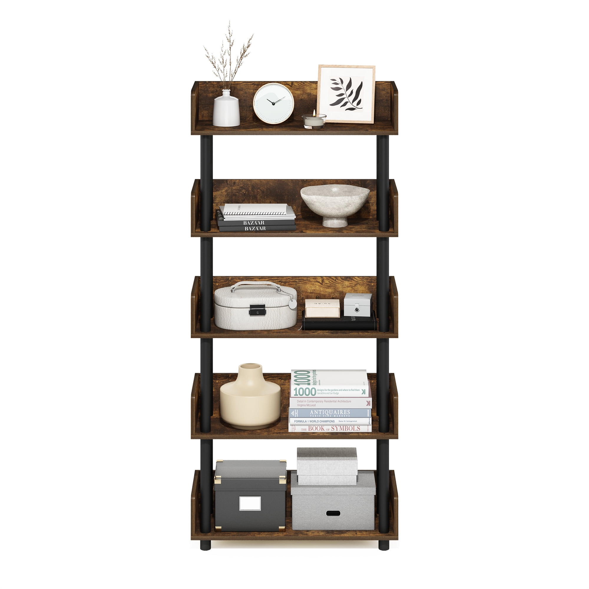 Furinno Turn-N-Tube 5-Tier Freestanding Multipurposes Display Rack, Amber Pine/Black