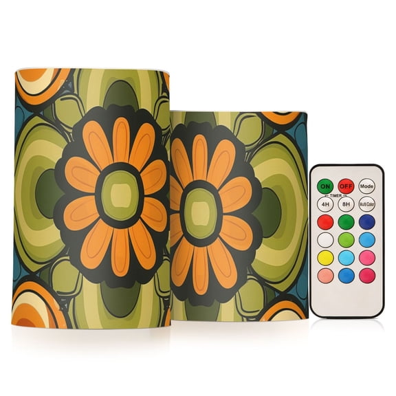 Vintage Groovy Flower Patterns Flickering Flameless Candles LED Tealight Battery Operated with Remote Set of 2 Holiday Decor Ornaments