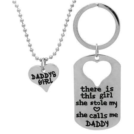 American Art Pendant - Art Attack Silvertone Daddy's Girl Daughter Father Bond Stole My Heart Pendant Necklace Keychain Gift Combo