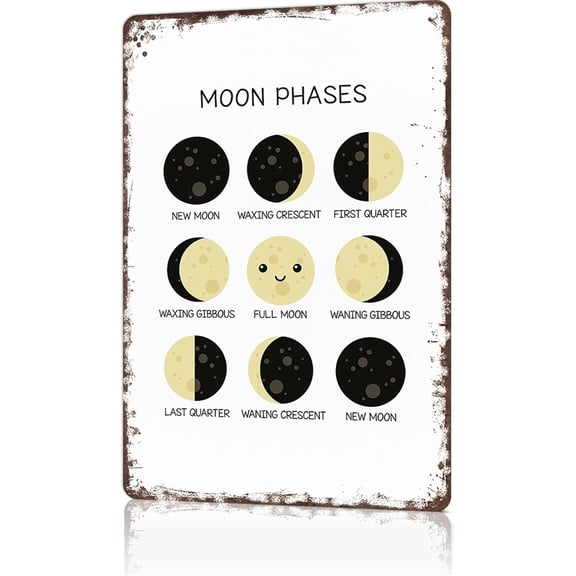 Vintage Metal Moon Phases Educational Wall Art Tin Sign for Home Office Man Cave Bedroom Decor 8x12 Inch
