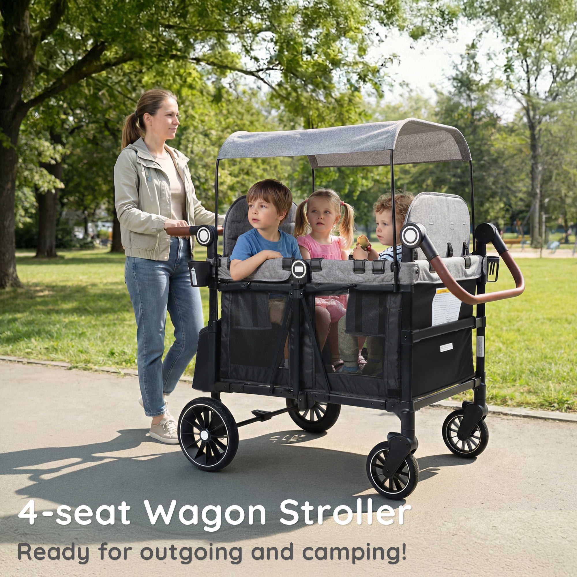 LINLUX Wagon Stroller for 4 Kids, Stroller Wagon 4 Seats w/Adjustable Handle, Detachable Tray, Black & Gray