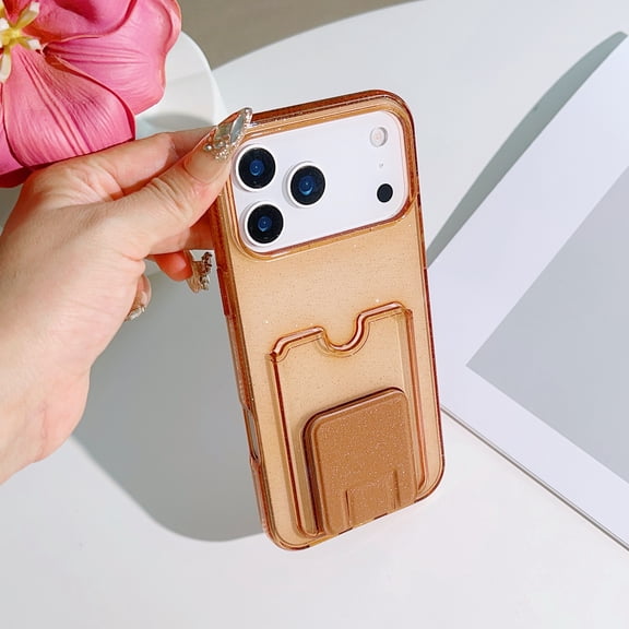 Case for iPhone 18 Pro with Card Slots & Kickstand, Glitter Slim Back Cover, Shockproof TPU PC Protective Anti-Scratch Lightweight Phone Case for Women Men, Brown