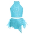 thumbnail image 4 of Doomiva Kids Girls Rhinestone Dance Crop Top and Tassel Feather Briefs Skirt 2 Piece Ballet Gym Latin Jazz Dance Outfit Blue Green 12, 4 of 7