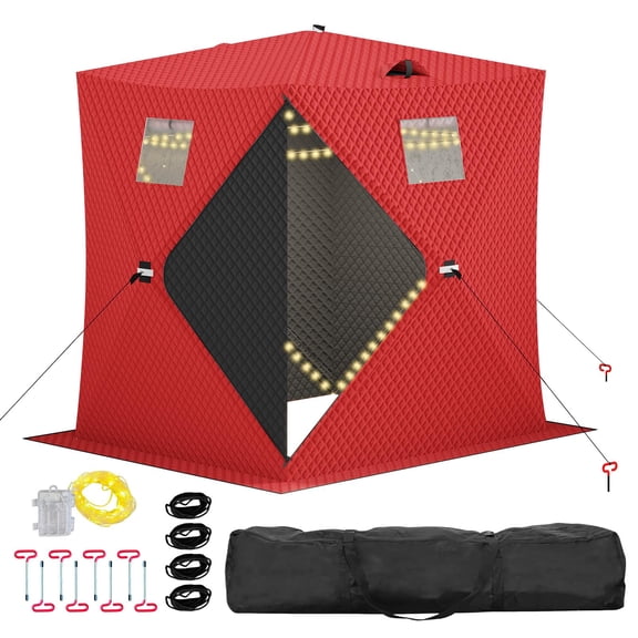 TEQIN Pop Up Ice Fishing Shelter, Portable Insulated Ice Fishing Tent With 49ft Led Light Strip,Hub-Style Shelter Shanty Windproof And Warm Includes Anchors, Ropes & Carry Bag