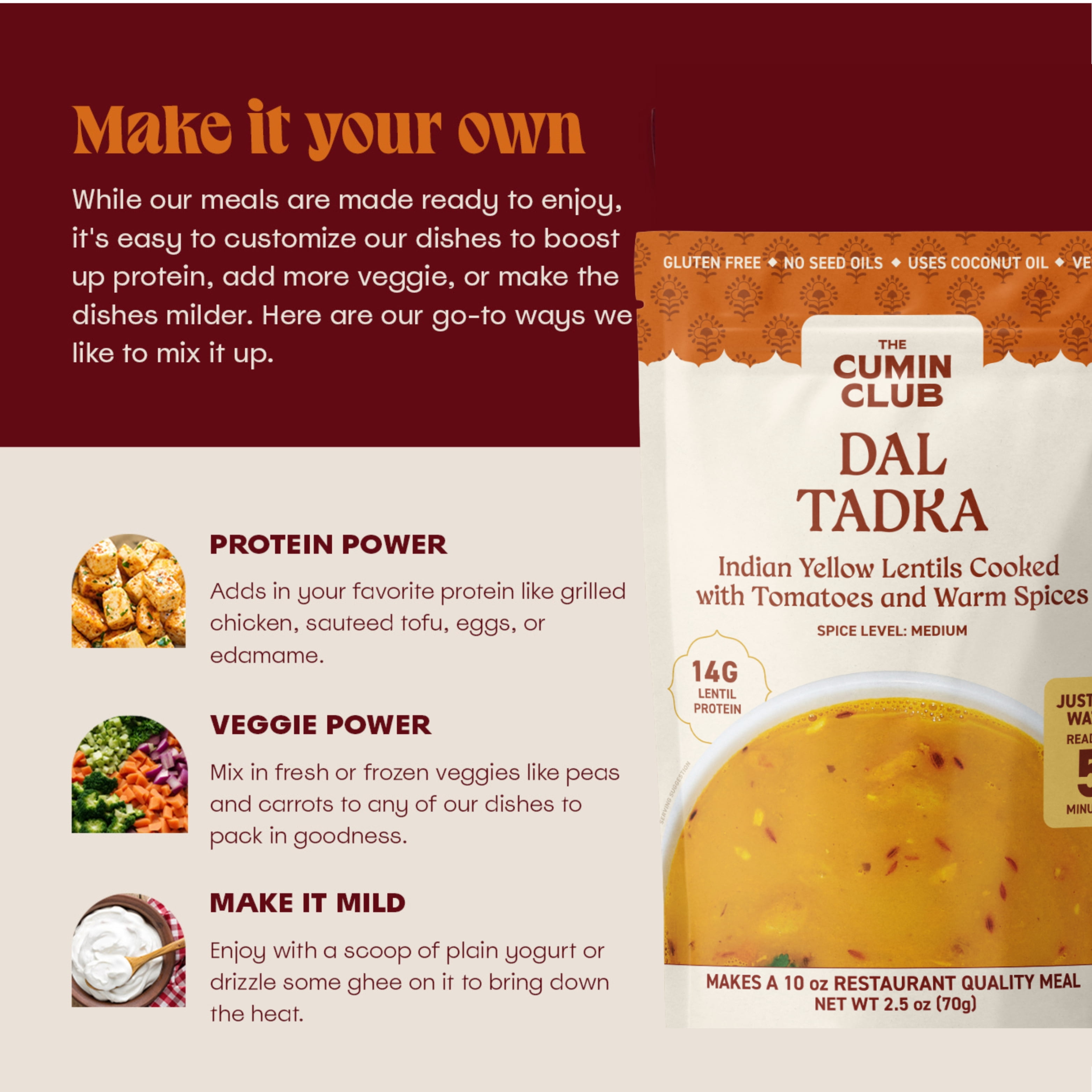 (6 pack) The Cumin Club Dal Tadka - Instant Indian Food - Ready to Eat Yellow Lentils - 10oz Meal
