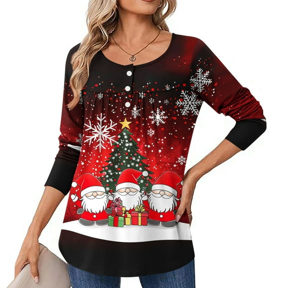 Craaazy Women's Pleated Buttons T-shirt Fashion Printing Casual Round Neck Long Sleeve Pullover T-Shirt Fashion Casual Tunics Top Gifts