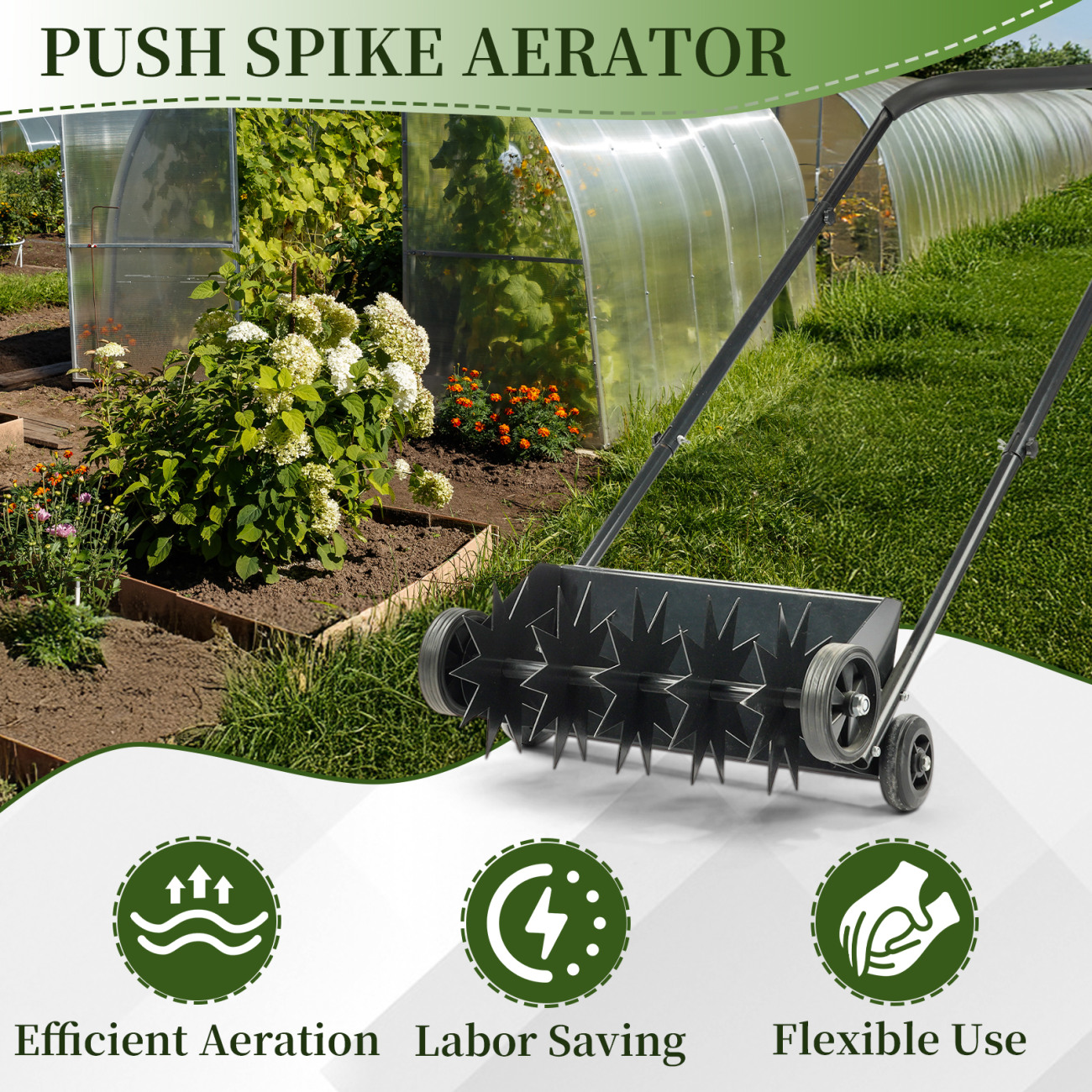 19-Inch Push Spike Aerator, Heavy Duty Rolling Lawn Aerator, Rotary Spike Lawn Aerator, Manual Aeration Equipment with U-shaped Steel Handle, Suitable for Lawns, Garden, and Yard Grass Aeration, Black