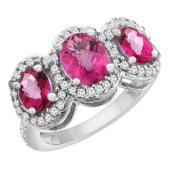 14K White Gold Natural Pink Sapphire & Pink Topaz 3-Stone Ring Oval Diamond Accent, size 6