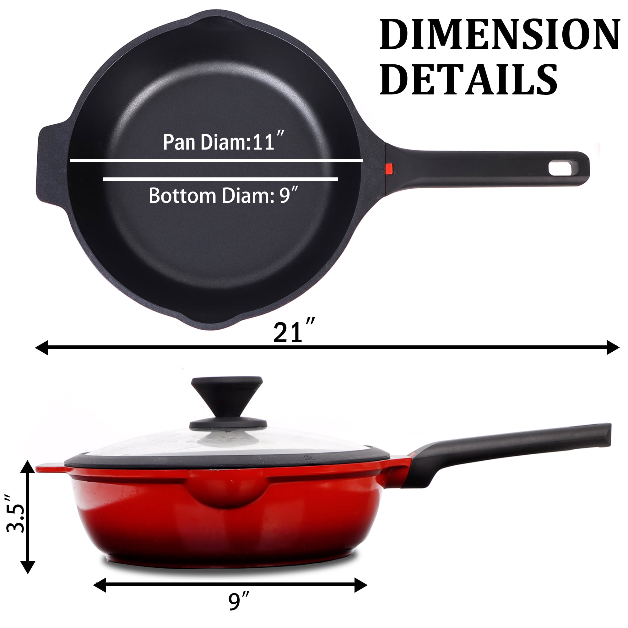 Nonstick Deep Frying Pan with Lid and Silicone Clamp, 11" Non Stick Stir-Fry and Wok Pan Kitchen Cookware Red Skillet for Gas, Induction, Electric, Halogen Flat Stoves