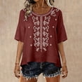 thumbnail image 2 of Vinsonshop Cotton Linen Embroidered Casual Blouses for Women Short Sleeve Crewneck Boho Floral Shirts Flowy Tunic Peasant Tops Lightweight Loose Fit Summer Everyday Wear Wine 4XL, 2 of 5