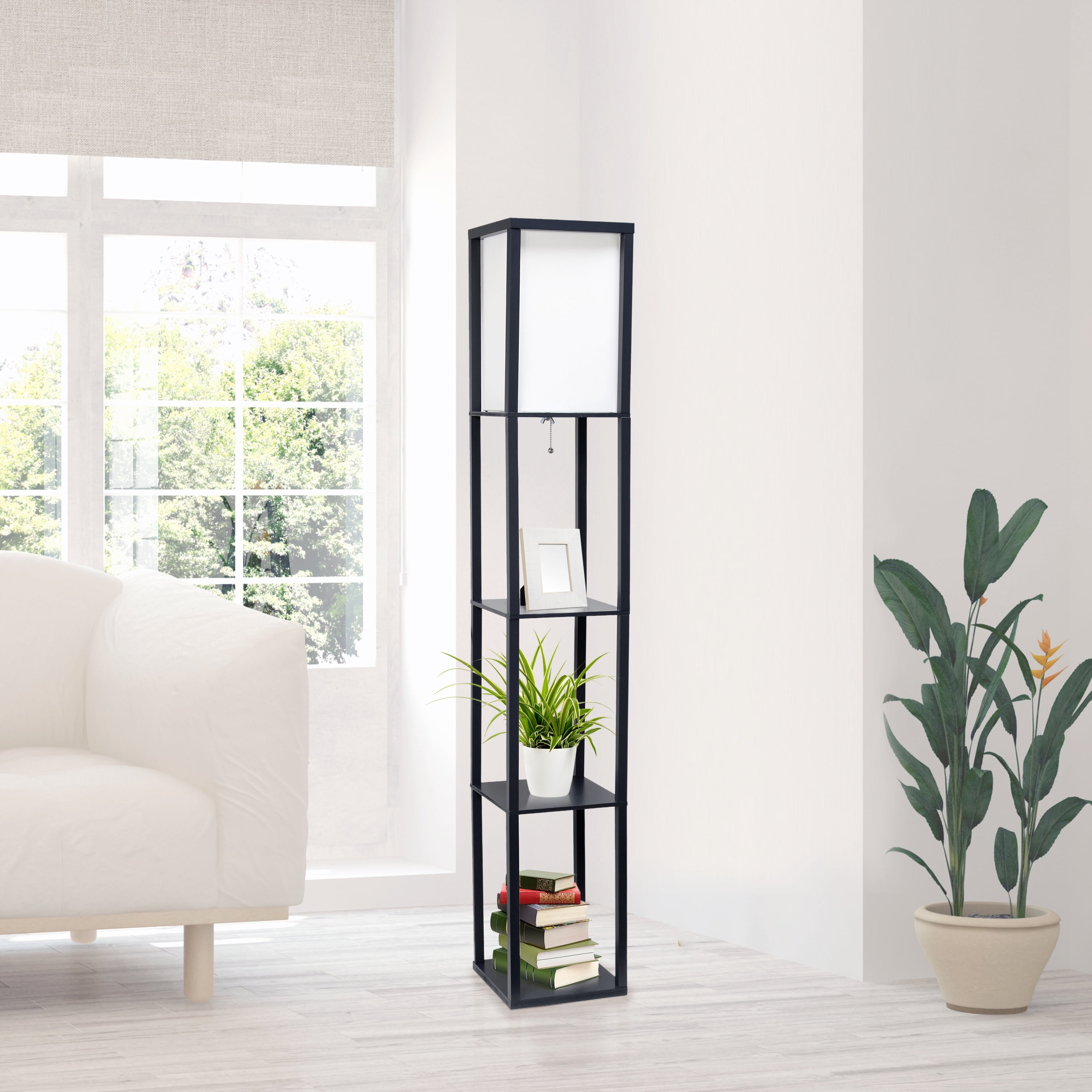 Lalia Home 62.5" 3-Shelf Column Storage Floor Lamp with Linen Shade and LED Bulb, Black