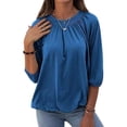 thumbnail image 2 of Women'S Solid Crew Neck T Shirt Blouse Cotton Half Sleeve 3/4 Sleeve Casual Loose Pleated Basic Tops Blue L, 2 of 7