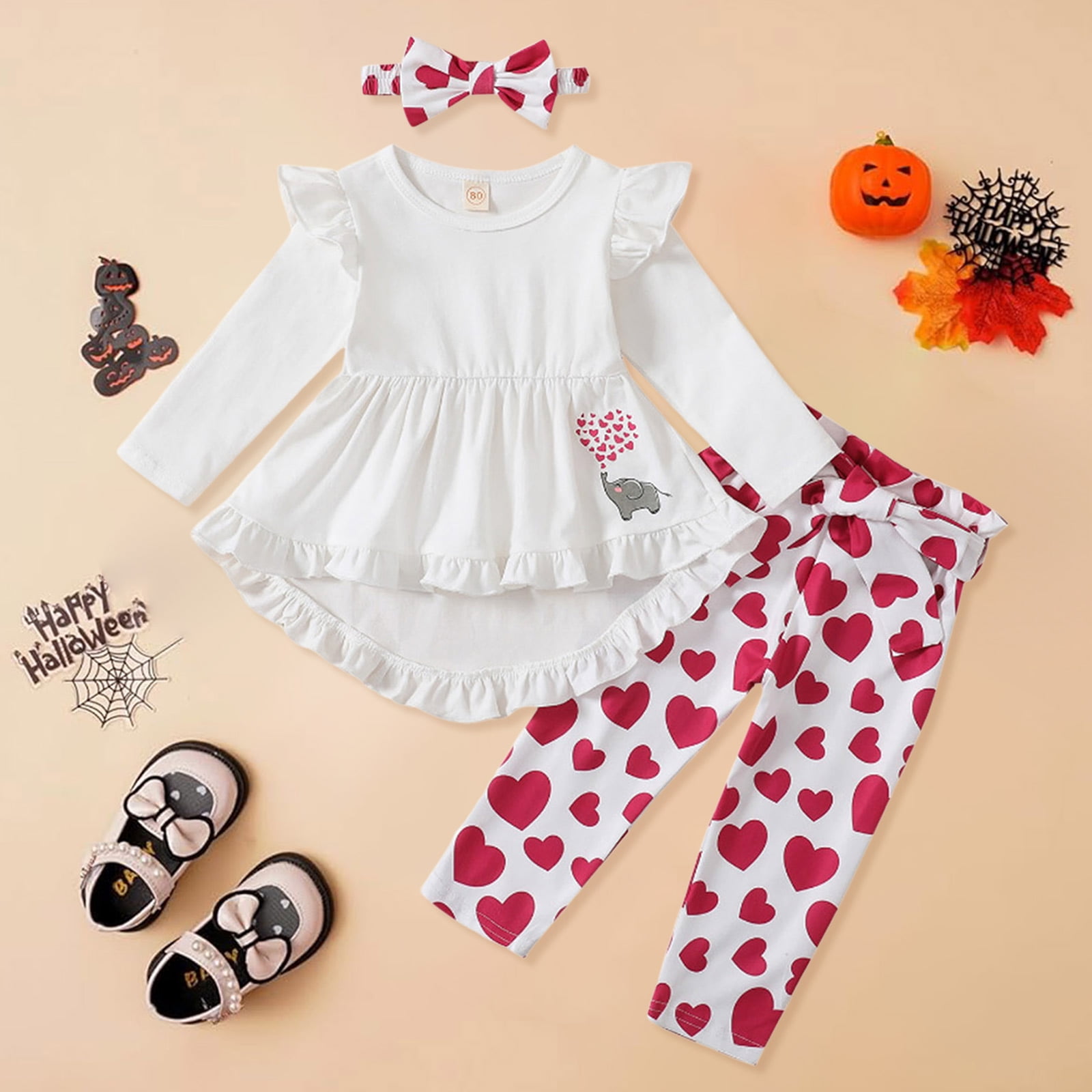 newwalpole Girls Clothes 3 Piece Set Ruffle Shirt Long Sleeve Bowknot Top and Floral Leggings Sets White for Size 18-24 Months