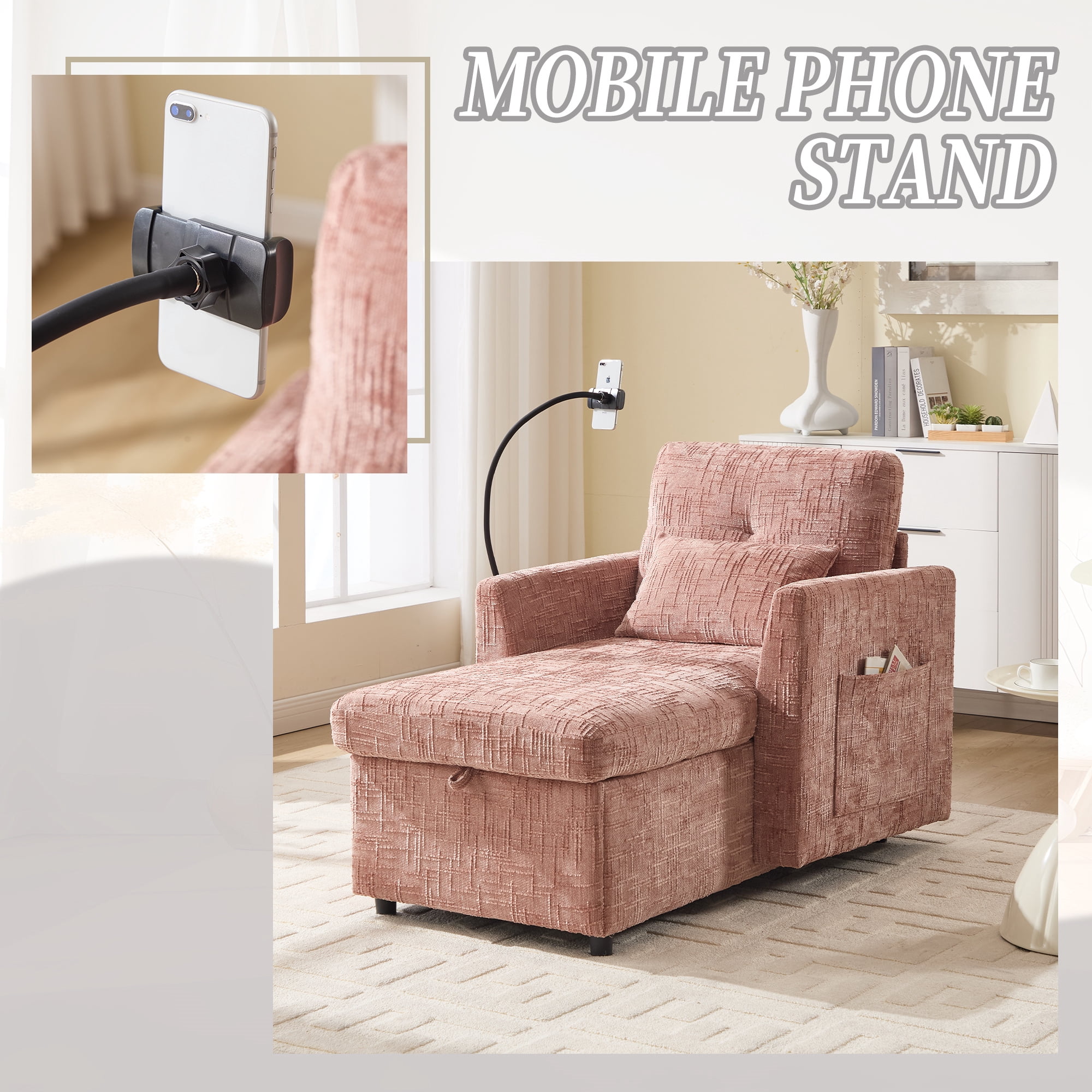 Aukfa Storage Chaise Lounge Single Sofa with Phone Holder and Pillow for Living Room Bedroom, Chenille, Pink