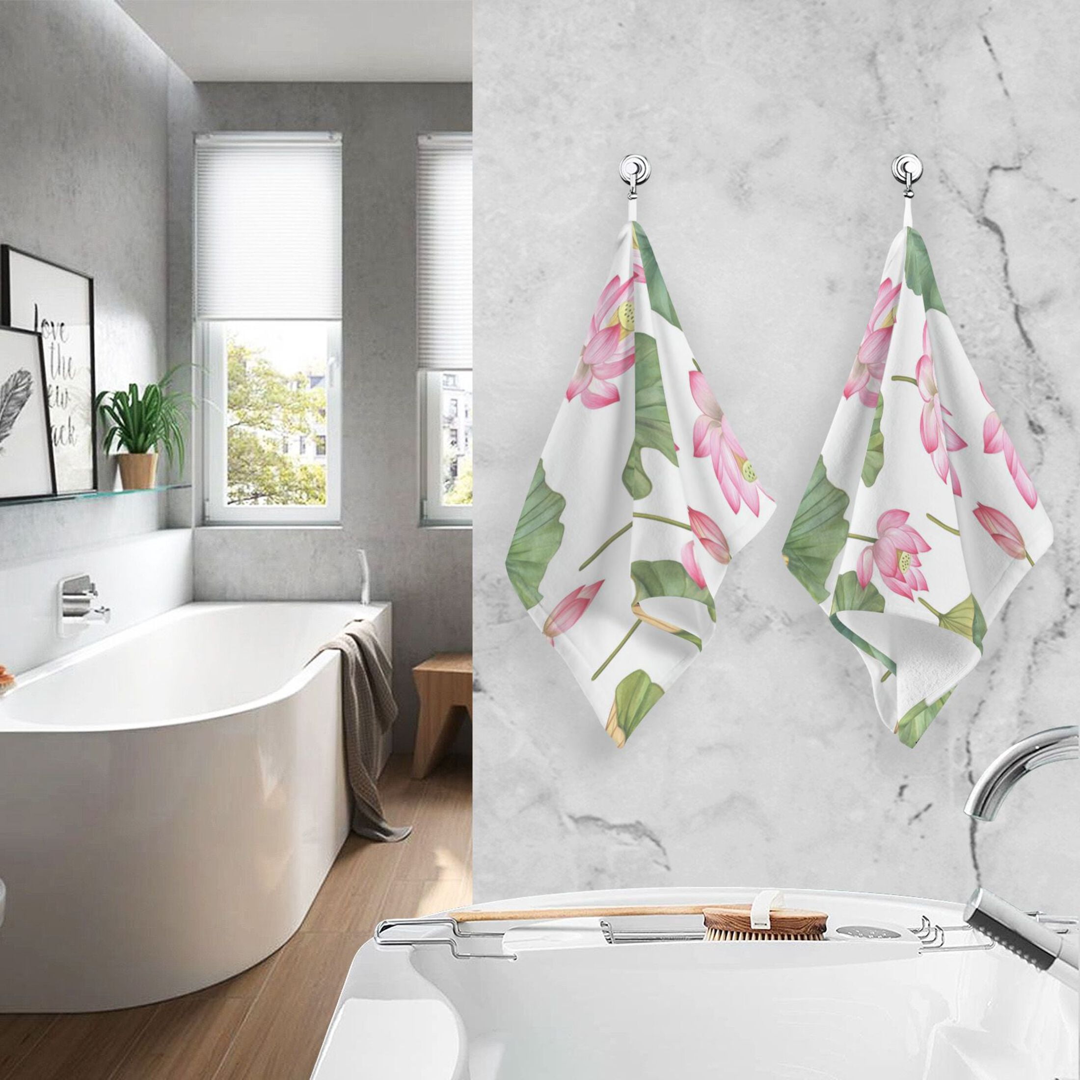 2 Pcs Absorbent Face Towel Bath Hand Towels Soft Breathable Cotton Towel Set for Bathroom Kitchen Hotel Spa Decor Pink Lotus Flowers